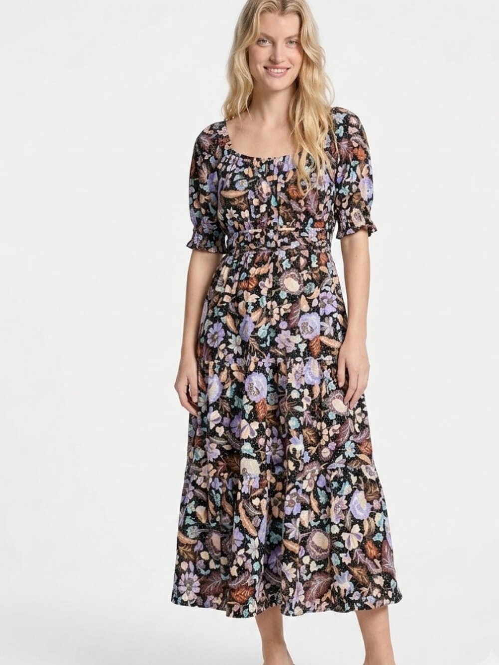 Ann Taylor Batik Floral Midi Dress 4 Tiered Flare Smoked